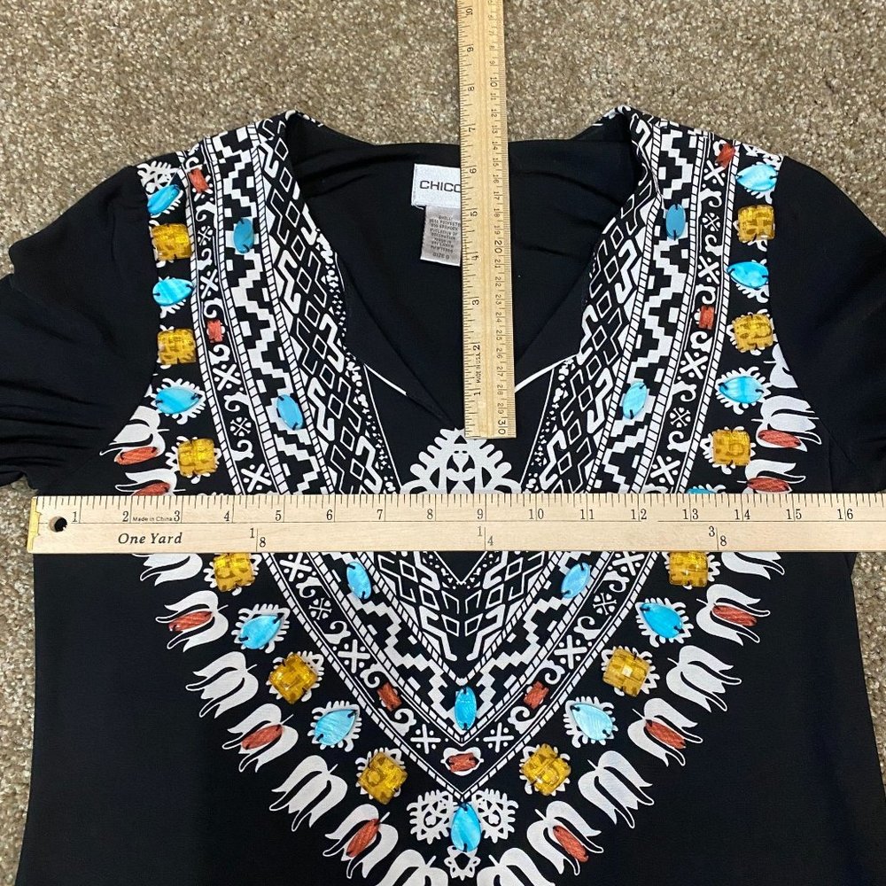 Chico's Beaded Southwestern Dress Size Small 0, Size 4 Stretch Colorful Bell Sle - Picture 8 of 12